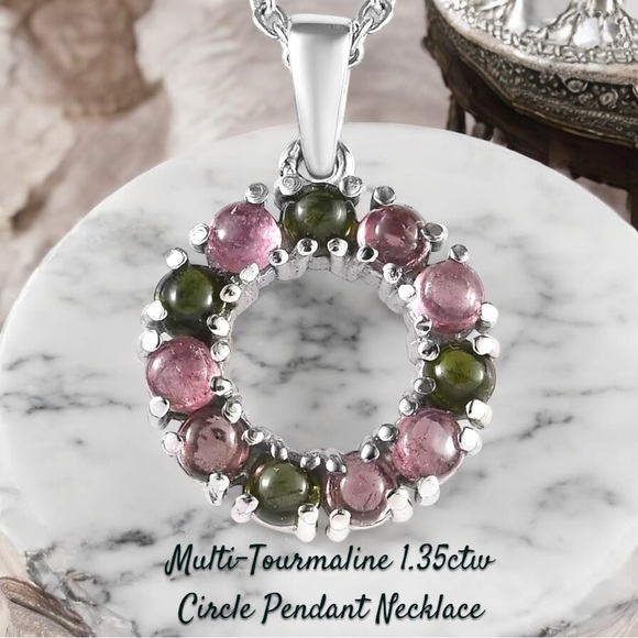Multi-Tourmaline 1.35 ctw Circle Pendant Necklace in Stainless Steel 20 Inches